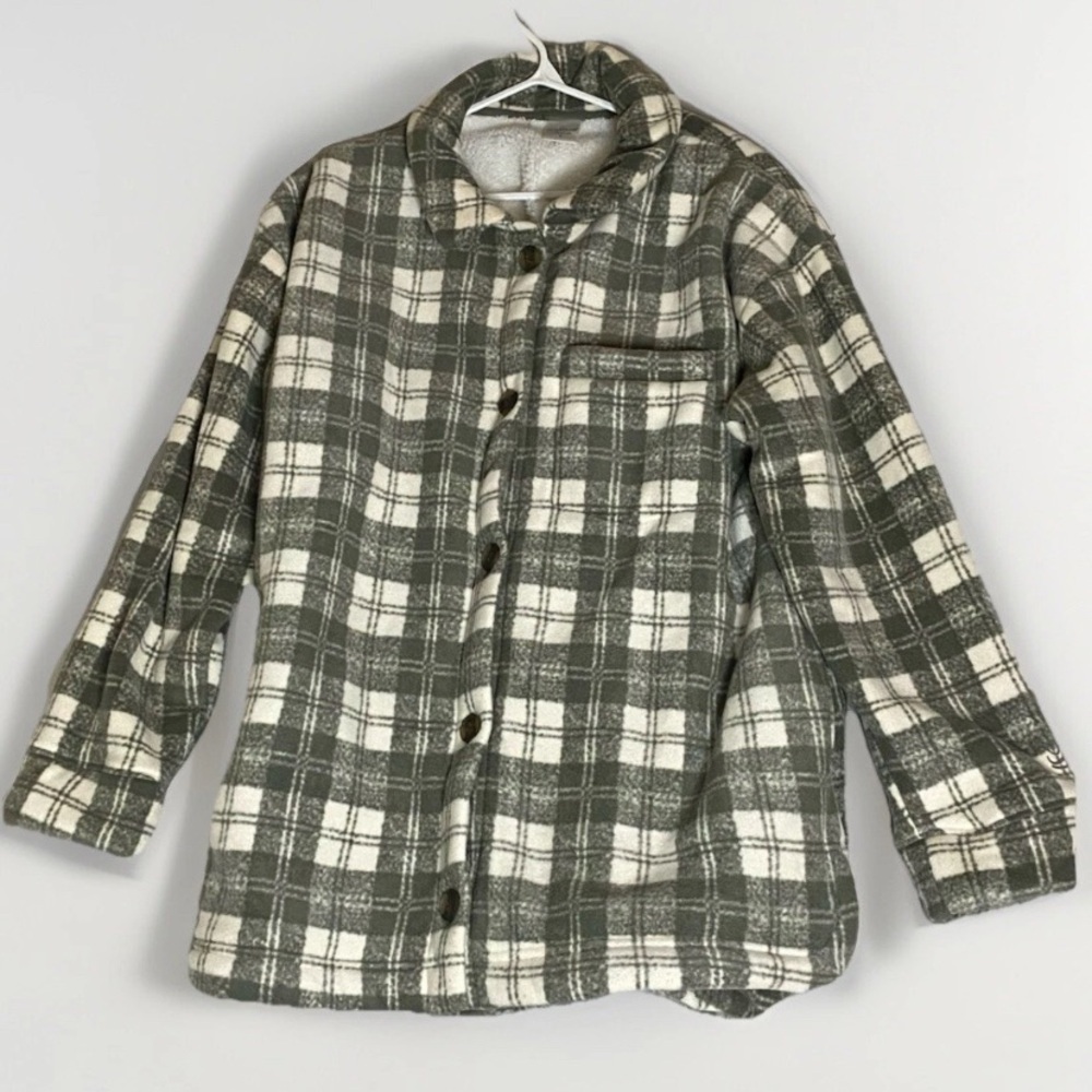 Cuddl Duds Fleecewear Bonded Sherpa Button-Front Shacket Green Olivemoss Plaid L